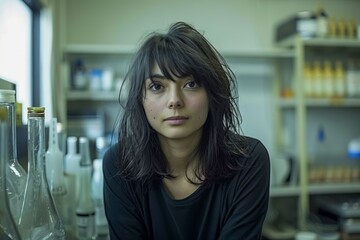 Young Female Scientist in a Laboratory Setting, Focused and Serious Expression, Research and Development Concept