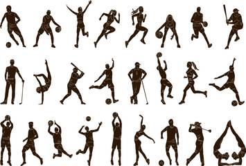 set of people doing sports, playing football, basketball players, golfers, running silhouette on a white background vector