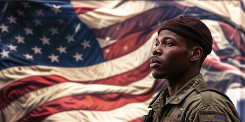 Banner with profile portrait of a soldier looking up proudly with US flag background - obrazy, fototapety, plakaty