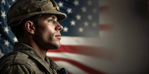 Banner with profile portrait of a soldier looking up proudly with US flag background - obrazy, fototapety, plakaty