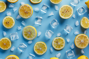 Top view pattern of lemon slices and ice cubes on a blue background, in a flat lay. Minimal summer concept