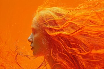 Vibrant woman with orange hair and long hair posing against a bright orange background