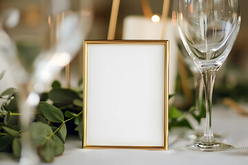 Wedding table number mockup in gold frame with some floral decor. Wedding mockup.