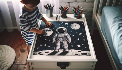 A child sets an image of an astronaut in a spacesuit on the surface of the Moon against the backdrop of stars in black space. Cosmonautics Day. Children's drawing, Children's Day - obrazy, fototapety, plakaty