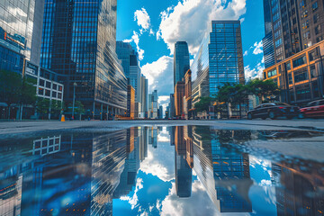 a city with a lot of tall buildings and a reflecting pool of water in the middle of the street in front of it is a blue sky with white clouds. - obrazy, fototapety, plakaty