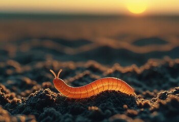 Detailed Closeup of Small Earthworm with Subsurface Scattering in Front of Sunset - obrazy, fototapety, plakaty