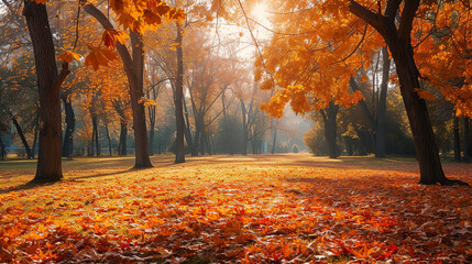 Autumn park, fall landscape with trees and orange maple leaves, november nature scene