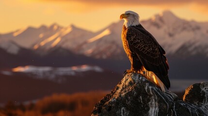 Bald eagle rest in wilderness lands with snow mountain at sunrise in winter.