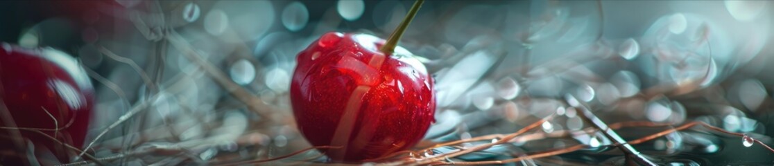 A panoramic view of a glistening cherry with dewdrops