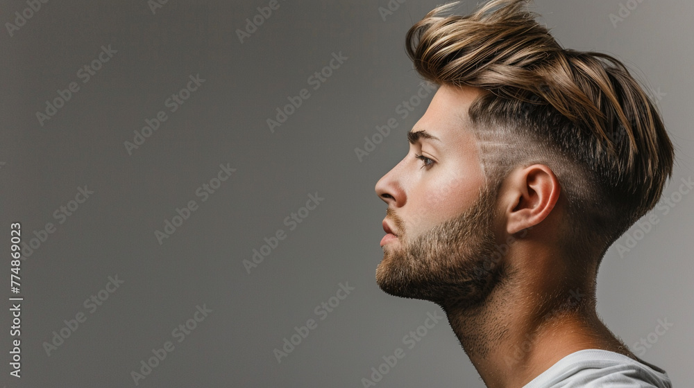 Wall mural stylish modern men's haircut and trimmed beard in profile view. copy space for text