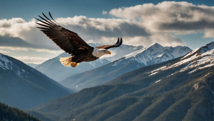 A majestic bald eagle soaring high above a rugged mountain range.