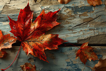Red maple leaves on a wood background. Generated by artificial intelligence