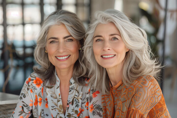 two beautiful middle aged woman wearing identical fashion clothes, candid smile, twins,sisters or best friends - obrazy, fototapety, plakaty
