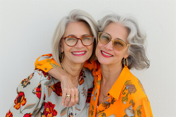 two beautiful middle aged woman wearing identical fashion clothes, candid smile, twins,sisters or best friends