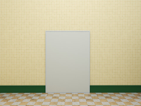 poster frame mockup on checkered floor bathroom, yellow tiles, colorful design. empty canvas standing on floor. 3D illustration