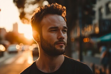 Portrait of a handsome bearded man in the city at sunset.
