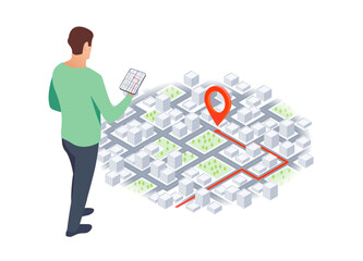 Tourist traveling using his smartphone to favorite places on map. Isometric gps navigation concept. City map route navigation smartphone, phone point marker. Vector illustration on white background