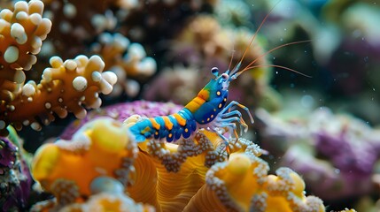 Colorful shrimp exploring coral formations in the ocean ai image