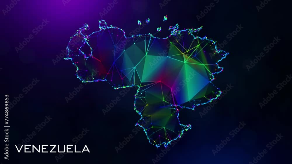 Poster futuristic motion reveal venezuela map polygonal blue purple colorful connected lines and dots netwo