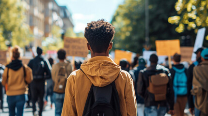 Young person observing a peaceful street protest in the city. Street riots and rallies. Manifestation of activists. - obrazy, fototapety, plakaty
