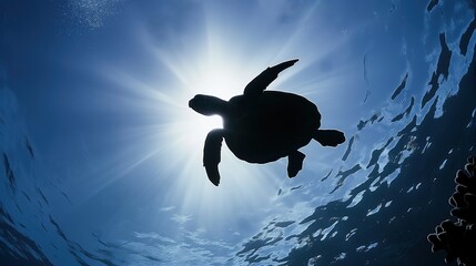 Sea Turtle Swimming Towards Sunlight, Underwater Silhouette from Below
