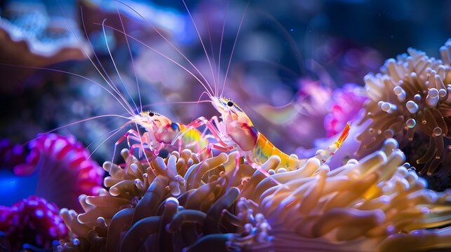 Vibrant shrimp crawling over colorful coral formations ai image