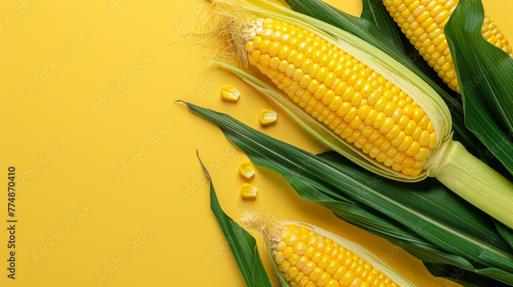 Poster Yellow corn with green leaves on a colourful backdrop.