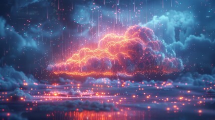 An ethereal neon cloud design with data rain, symbolizing high-tech cloud computing and digital data flow.. - obrazy, fototapety, plakaty