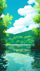 Hand drawn cartoon illustration of forest lake scenery under blue sky
