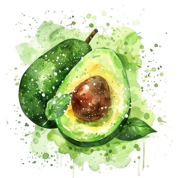 An avocado painted in watercolor, vibrant splashes adding movement to the image