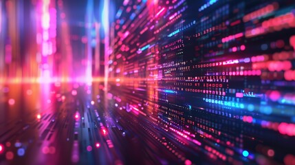 Vivid neon streams illustrating data flow and cyber connectivity, a vibrant representation of modern digital information technology..