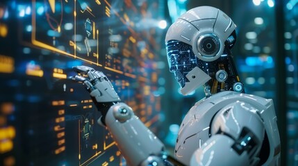 A sophisticated android with a glowing circuit head interface, embodies the fusion of artificial intelligence and robotic precision..