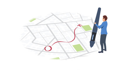 Route on the map of city, with buildings and roads. Man hold black marker and drawing a red line on the map. Vector illustration on white background