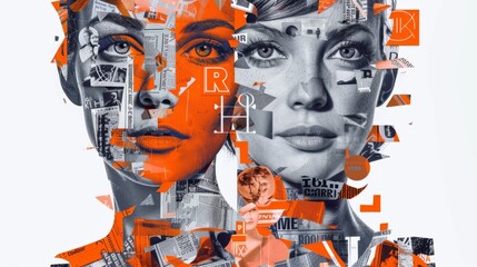 Propaganda poster of 1960s. Different pieces template, in the style of postmodern collage techniques, bright orange and dark silver, split toning