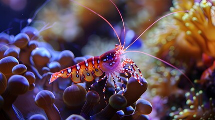 Colorful shrimp scuttling over vibrant coral formations ai image - obrazy, fototapety, plakaty