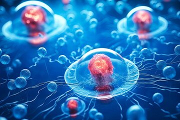 Microscopic view of body cells - cellular therapy and regeneration research with stem cells - obrazy, fototapety, plakaty
