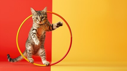 Playful tabby cat stepping through yellow hoop against red and background