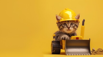 Cute kitten with yellow hard hat sits beside miniature construction bulldozer on background - obrazy, fototapety, plakaty