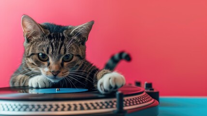 Cat with striped fur lying on turntable blue and pink background - obrazy, fototapety, plakaty