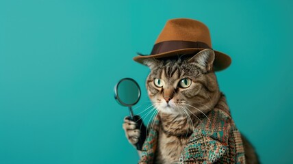 Cat dressed as detective with magnifying glass on teal background - obrazy, fototapety, plakaty