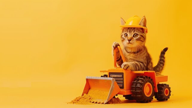 Cute cat wearing construction helmet sits on toy bulldozer against yellow background