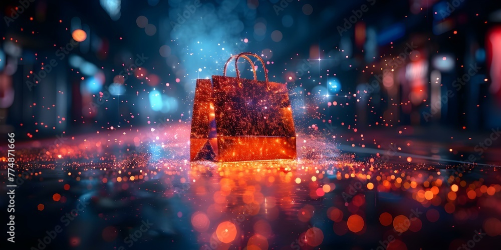 Poster digital landscape: data stream leading to virtual shopping bag dynamic composition with copy space. 