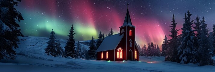 A small church in heavy snow covered field with forest mountain and beautiful aurora northern lights in night sky in winter. - Powered by Adobe