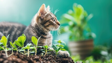 Curious tabby cat sniffing green plants in sunlit garden setting - obrazy, fototapety, plakaty
