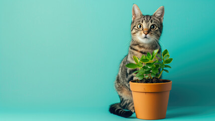 Striped cat sitting next to potted plant against blue background - obrazy, fototapety, plakaty