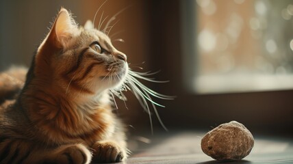 Curious cat staring intently at stone, with sunlight filtering through window - obrazy, fototapety, plakaty