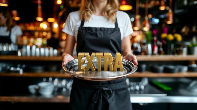 une serveuse tient un plateau devant elle avec le texte EXTRA &eacute;crit dedans en 3D