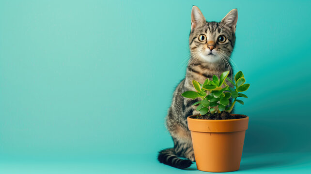 Striped cat sitting next to potted plant against blue background