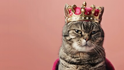 Grumpy-looking cat wearing gold and red crown positioned against pink background