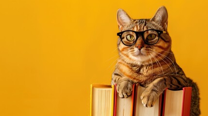 Bespectacled cat sitting on stack of books against yellow background - obrazy, fototapety, plakaty
